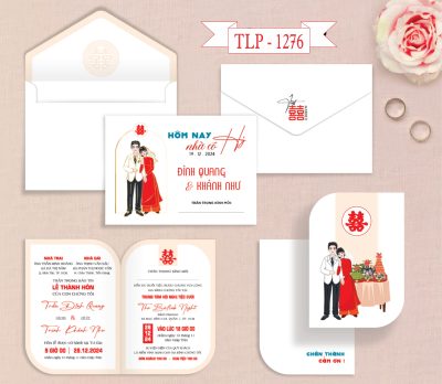 Thiệp cưới trắng phối hồng chibi dâu rể, họa tiết truyền thống mã TCP-1726