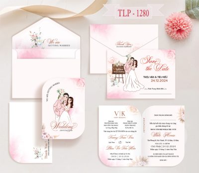 Thiệp cưới hồng loang màu nước chibi dâu rể hiện đại mã TCP-1280