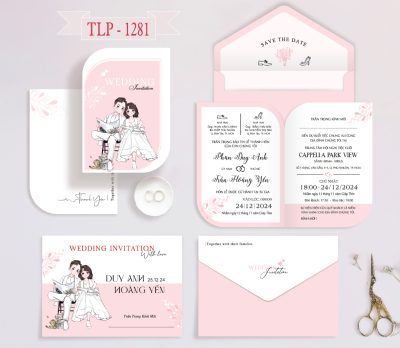 Thiệp cưới chibi dâu rể hiện đại màu hồng phối trắng mã TCP-1281