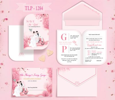 Thiệp cưới hiện đại màu hồng pastel, họa tiết chibi dâu rể hiện đại mã TCP-1284