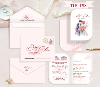 Thiệp cưới hiện đại màu hồng loang màu nước chibi dâu rể nghệ thuật mã TCP-1288