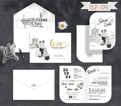 Thiệp cưới hiện đại màu trắng tinh khôi, chibi dâu rể hiện đại mã TCP-1291