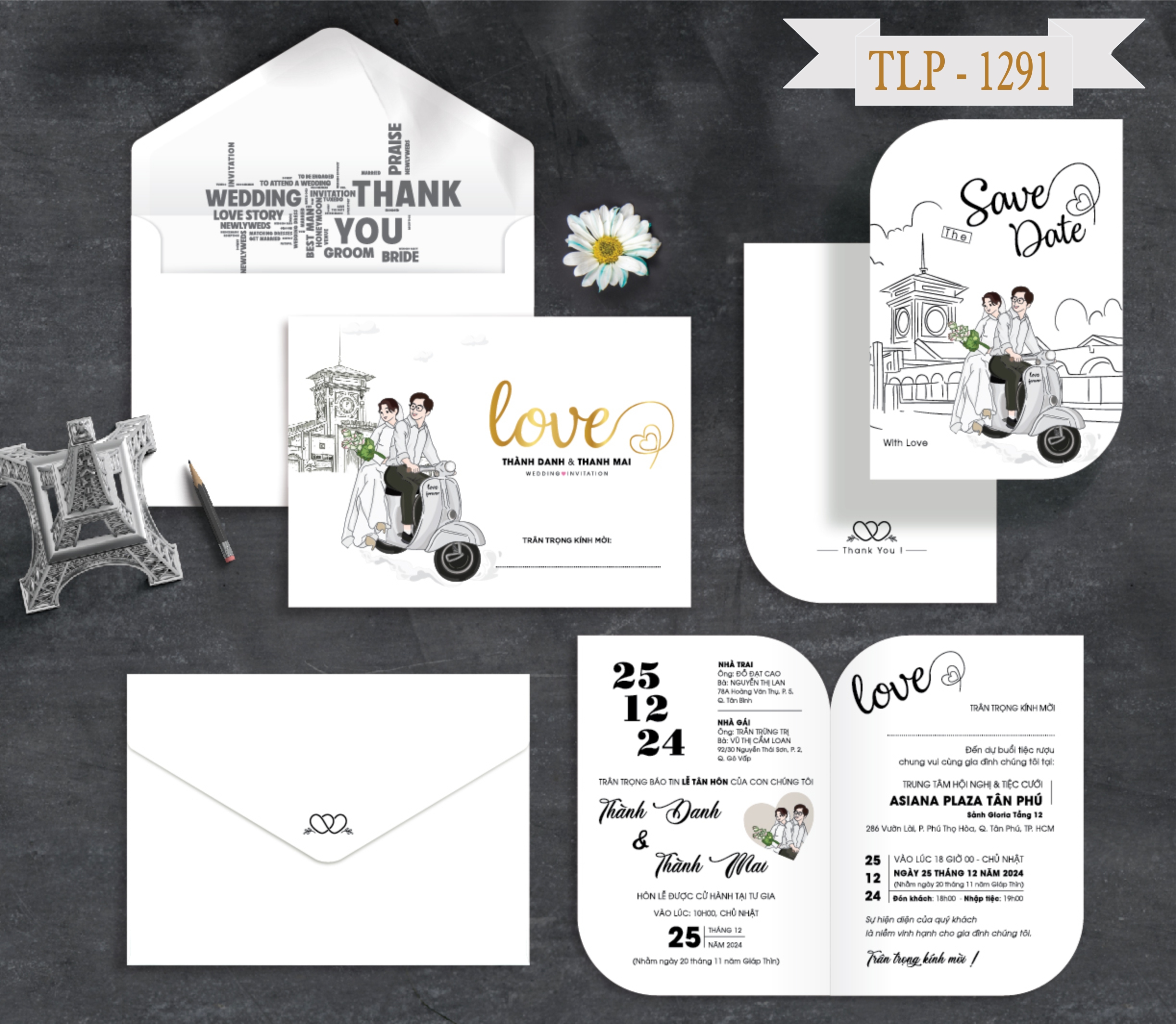 Thiệp cưới hiện đại màu trắng tinh khôi, chibi dâu rể nghệ thuật mã TCP-1289