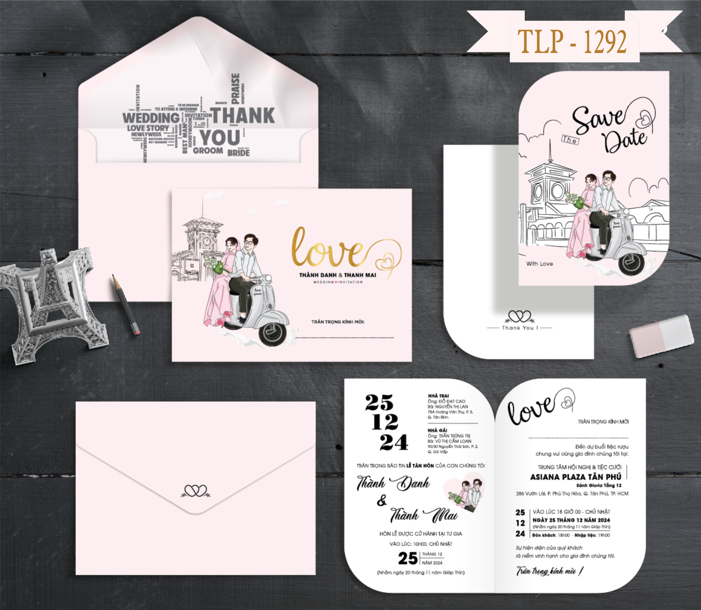 Thiệp cưới hiện đại màu hồng phấn nhẹ nhàng, chibi dâu rể hiện đại mã TCP-1292