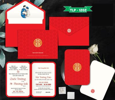 Thiệp cưới màu đỏ nền song hỷ chìm dâu rể xưa có ép kim vàng, mã TCP-1202