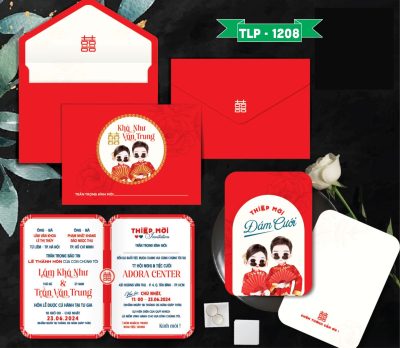 Thiệp cưới màu đỏ dâu rể phong cách trung hoa, ép kim vàng mã TCP-1208