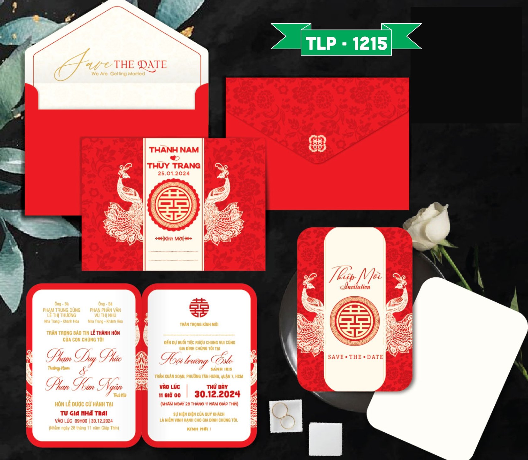 Thiệp cưới màu đỏ truyền thống chim công song hỷ ép kim vàng mã TCP-125