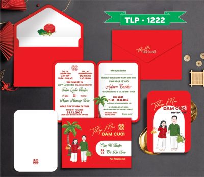 Thiệp cưới màu đỏ chibi dâu rể xưa, ép kim vàng mã TCP-1222