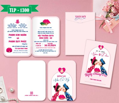 Thiệp cưới Chibi hồng dâu rể xưa mã TCP-1300