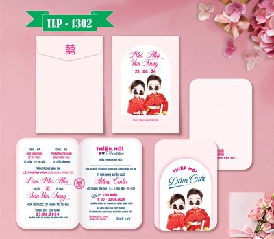 Thiệp cưới Chibi Hồng pastel chibi phong cách trung hoa mã TCP-1302