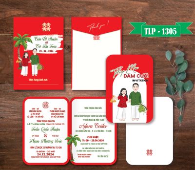 Thiệp cưới màu đỏ Chibi Bánh tét- Cây Dừa phong cách miền tây mã TCP-1305 Đỏ