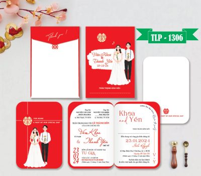 Thiệp cưới màu đỏ chibi dâu rể- song hỷ mã TCP-1306