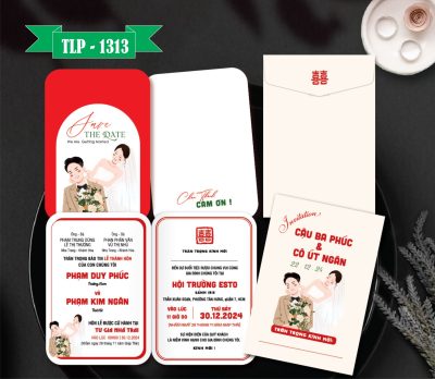 Thiệp cưới màu kem chibi dâu rể dễ thương mã TCP-1313