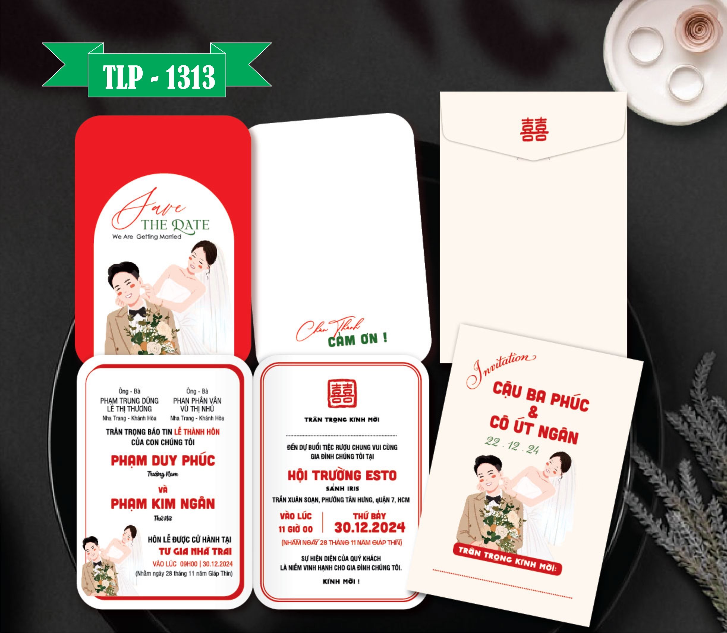 Thiệp cưới màu kem chibi dâu rể dễ thương mã TCP-1313