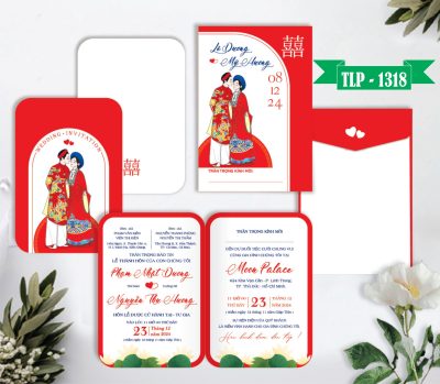 Thiệp cưới đỏ trắng truyền thống chibi áo dài rồng phụng mã TCP-1318