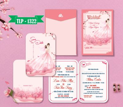 Thiệp cưới hồng phấn hoa đào chibi hiện đại mã TCP-1322