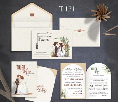 Thiệp cưới xám xi măng vintage chibi dâu rể mã TCP-121