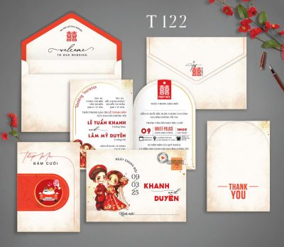 Thiệp cưới xám xi măng vintage chibi tem mã TCP-122
