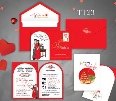 Thiệp cưới đỏ trắng chibi dâu rể phong cách xưa mã TCP-123